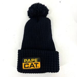 Pape CAT Black Bobble Winter Beanie Ribbed Pom pom Hat Yellow Logo